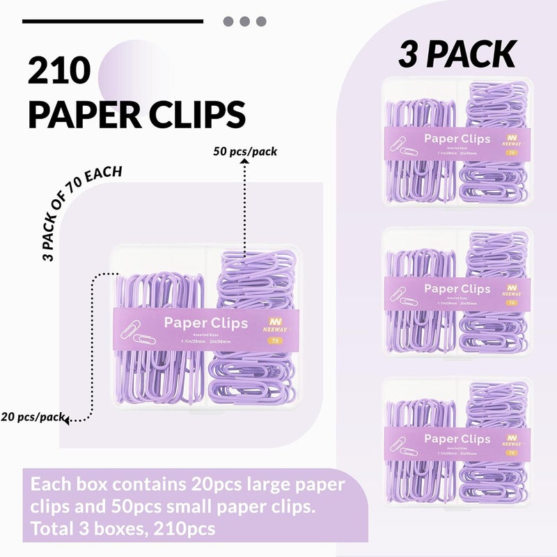 NEEWAY Colorful Paper Clips Assorted Sizes, Small and Large Paperclips, 210 Count, 3 Pack of 70 (Purple) - Image 3